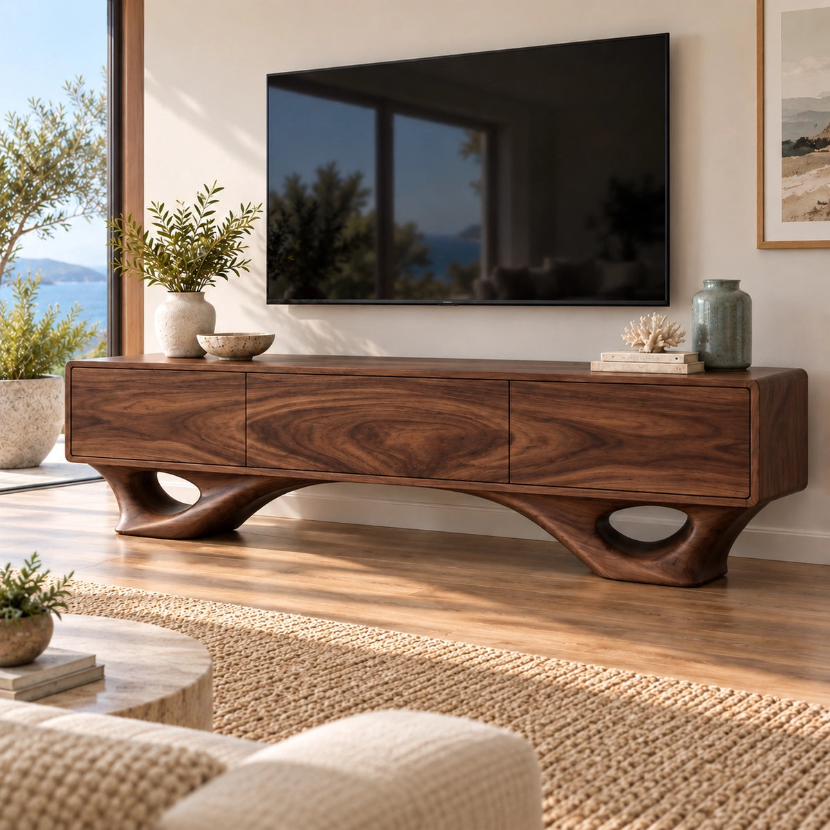 TV Stand with Sculptural Curved Legs in Natural Solid Wood for Living - Rustiracraft - 9