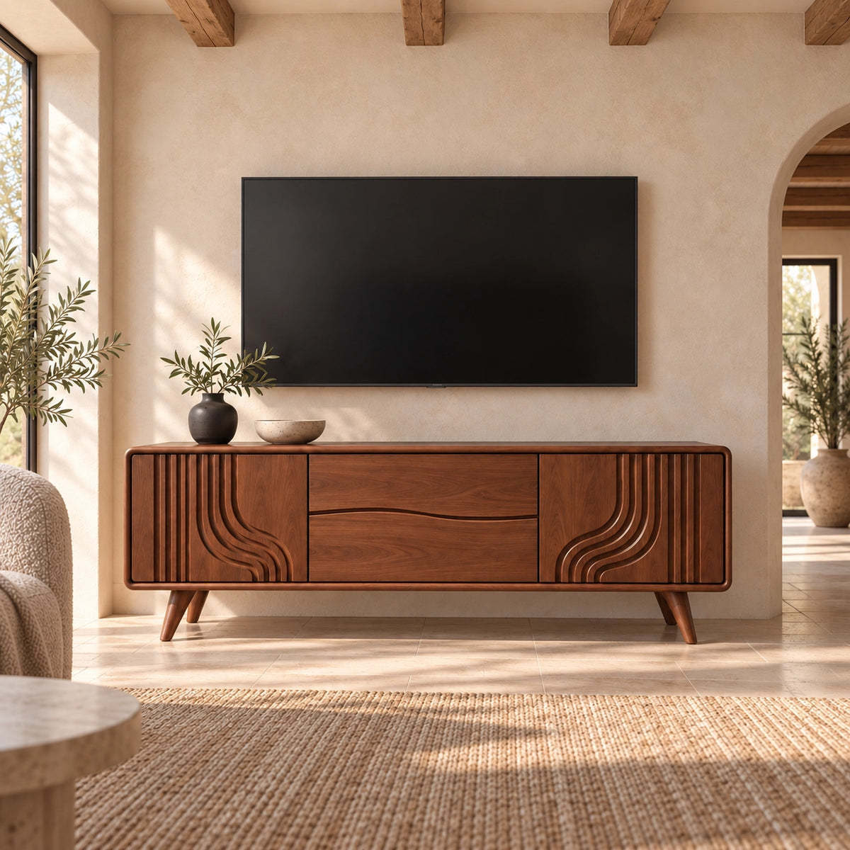 TV Stand with Sculptural Curved Sides in Natural Solid Wood for Living - Rustiracraft - 1