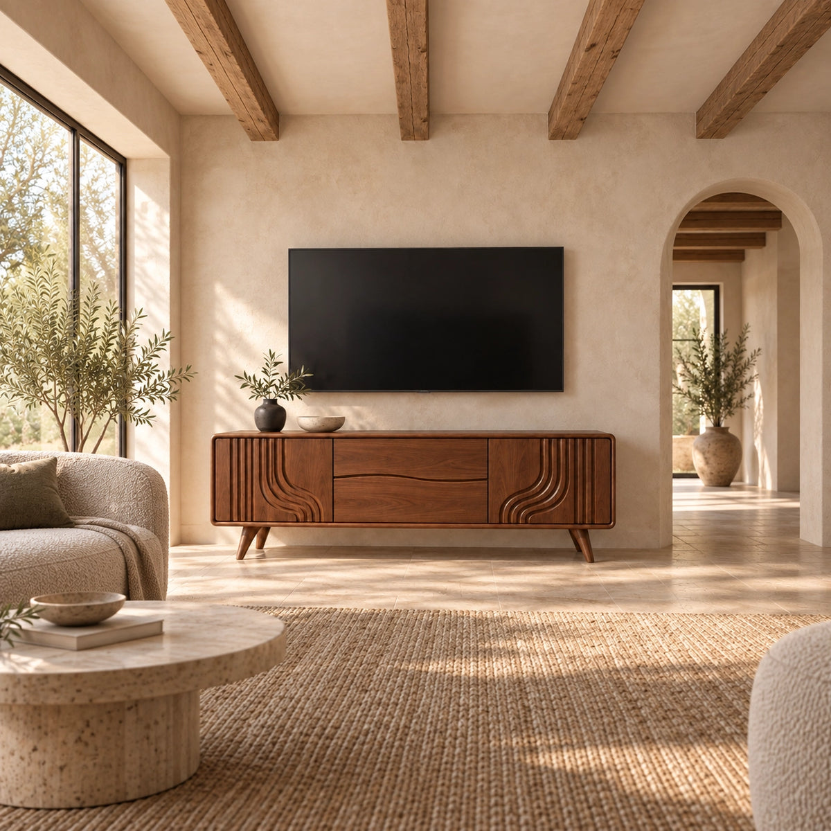 TV Stand with Sculptural Curved Sides in Natural Solid Wood for Living - Rustiracraft - 2