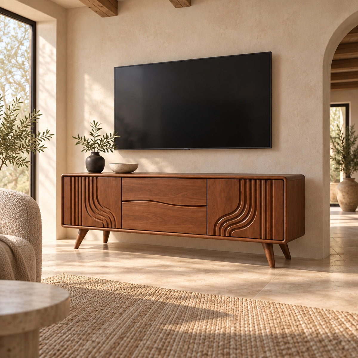 TV Stand with Sculptural Curved Sides in Natural Solid Wood for Living - Rustiracraft - 3