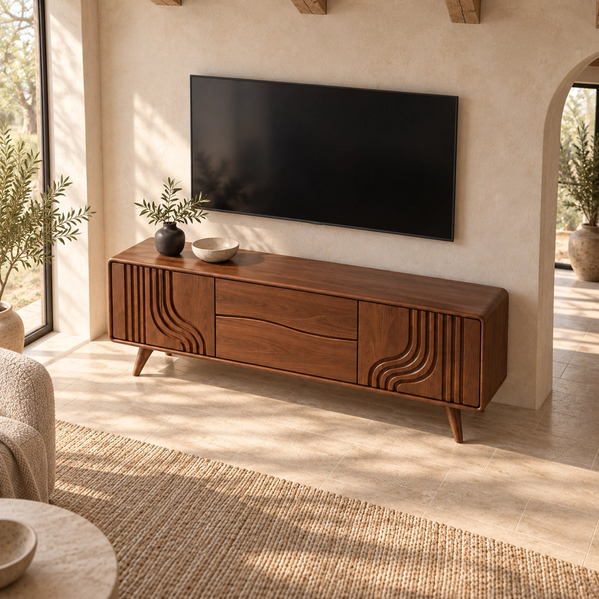 TV Stand with Sculptural Curved Sides in Natural Solid Wood for Living - Rustiracraft - 4