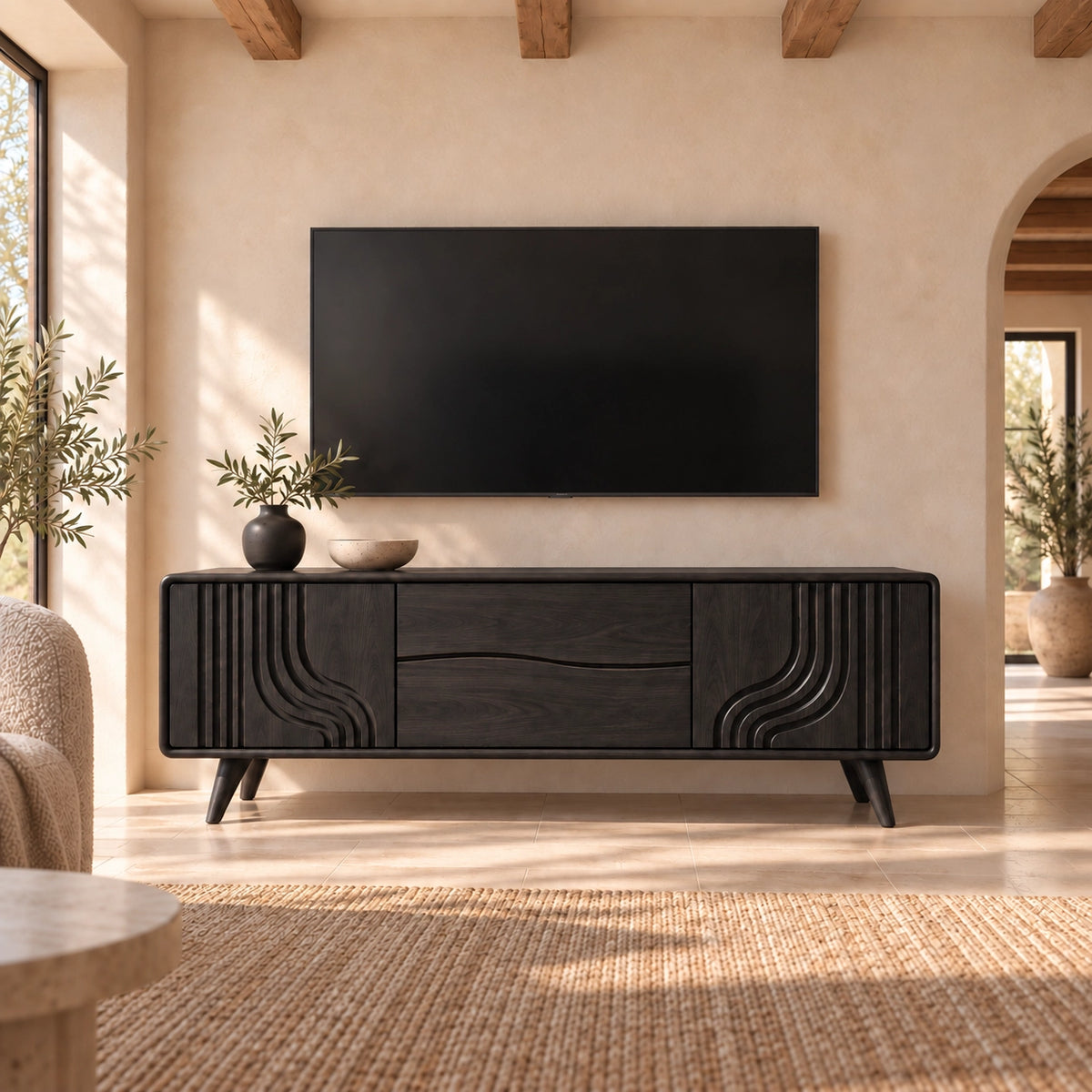 TV Stand with Sculptural Curved Sides in Natural Solid Wood for Living - Rustiracraft - 7