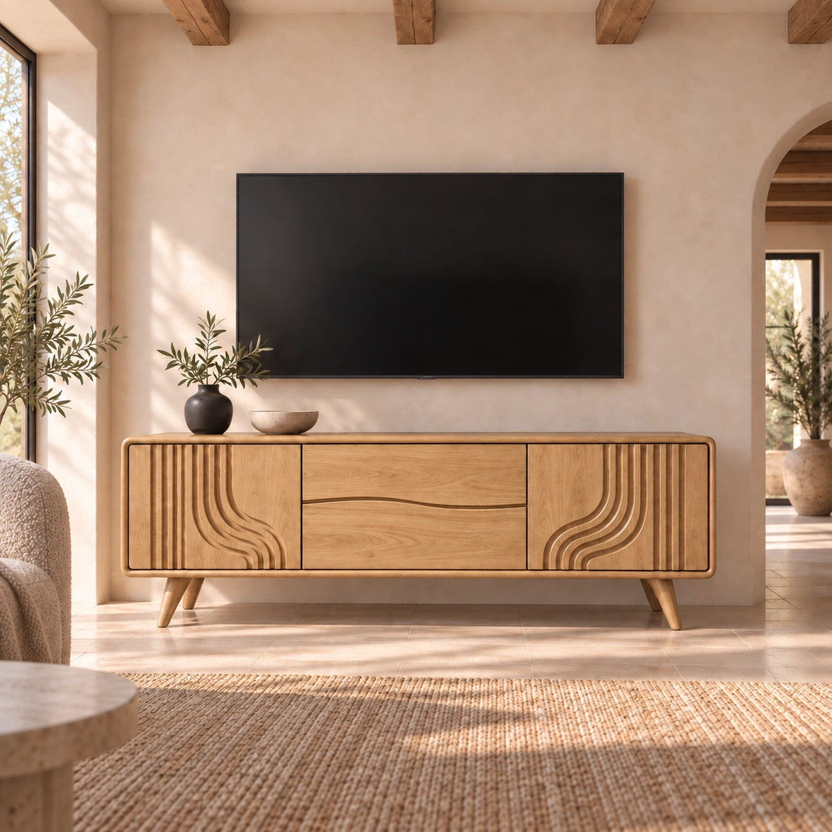 TV Stand with Sculptural Curved Sides in Natural Solid Wood for Living - Rustiracraft - 8