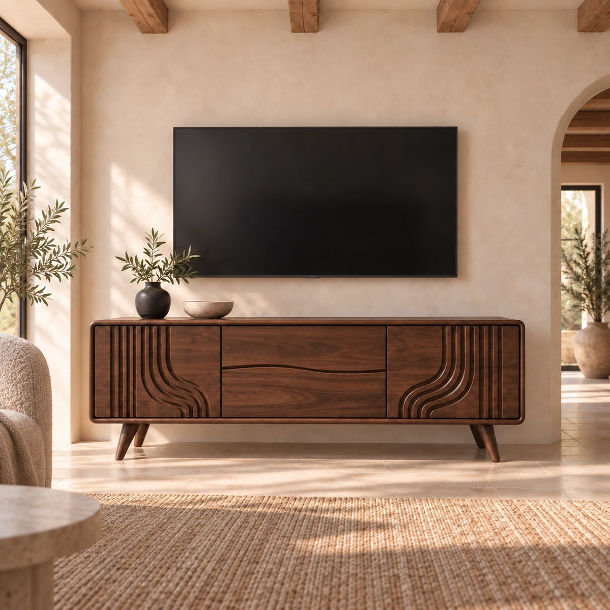 TV Stand with Sculptural Curved Sides in Natural Solid Wood for Living - Rustiracraft - 9