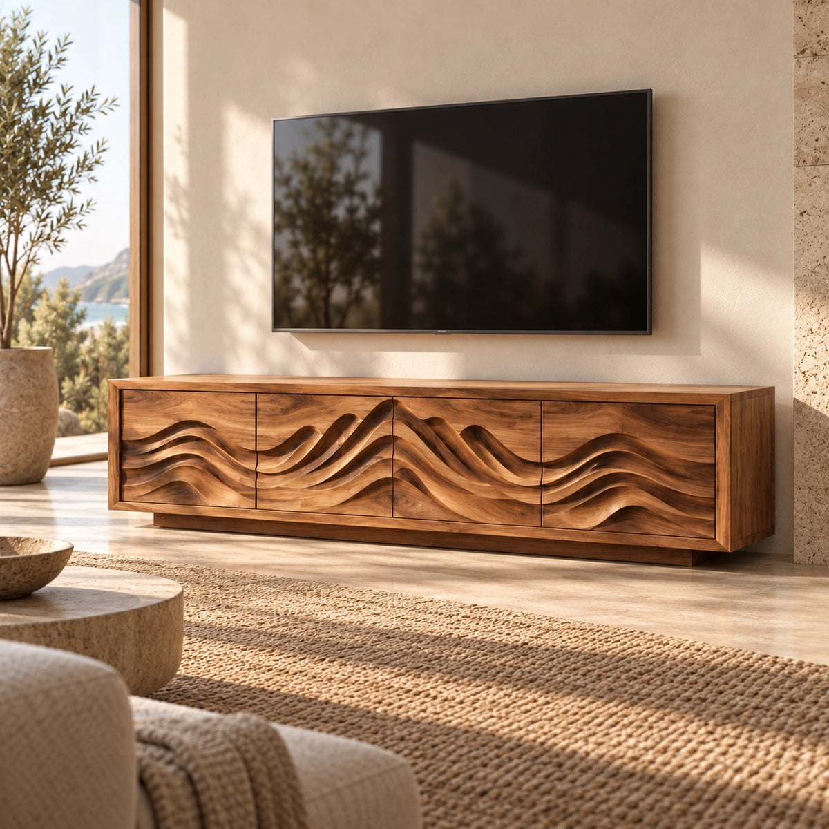 TV Stand with Sculptural Wave-Carved Doors in Natural Solid Wood. - Rustiracraft - 1