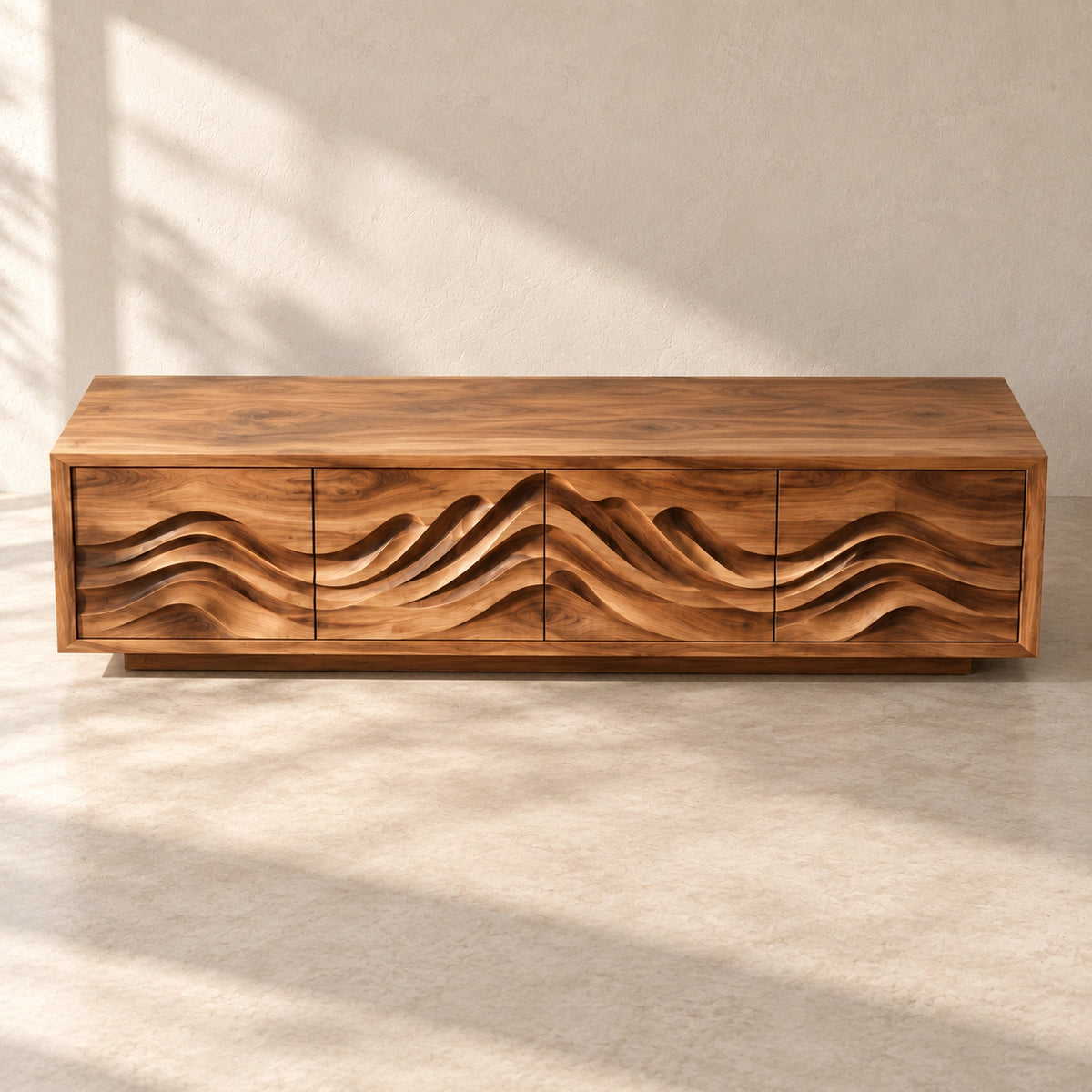 TV Stand with Sculptural Wave-Carved Doors in Natural Solid Wood. - Rustiracraft - 4