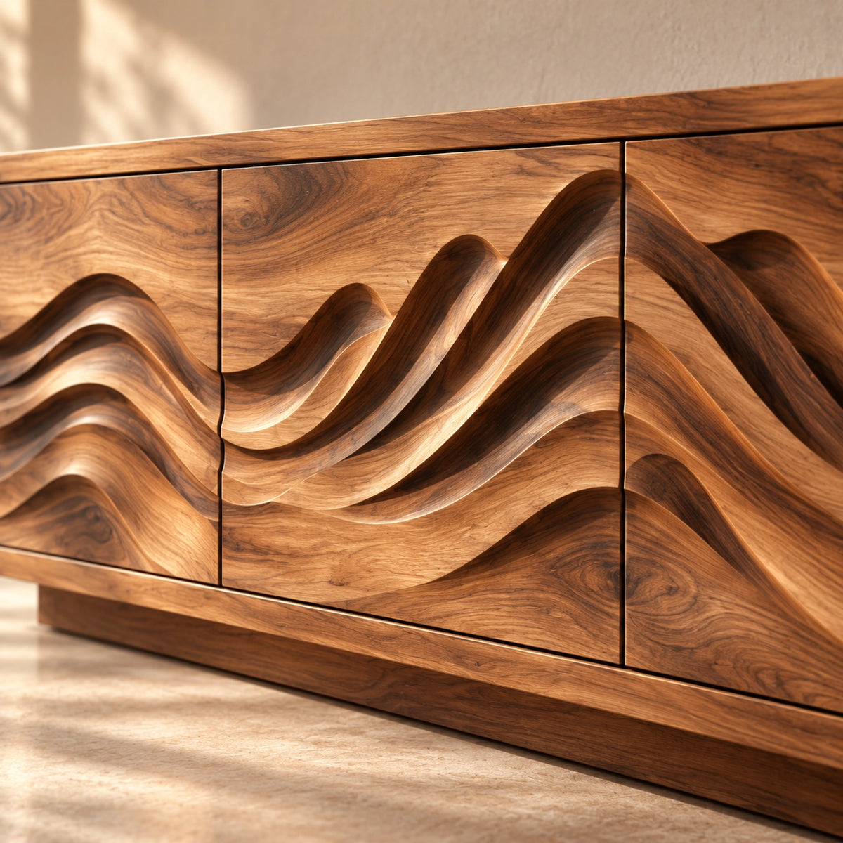 TV Stand with Sculptural Wave-Carved Doors in Natural Solid Wood. - Rustiracraft - 5