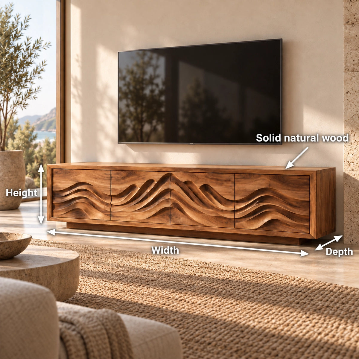 TV Stand with Sculptural Wave-Carved Doors in Natural Solid Wood. - Rustiracraft - 6