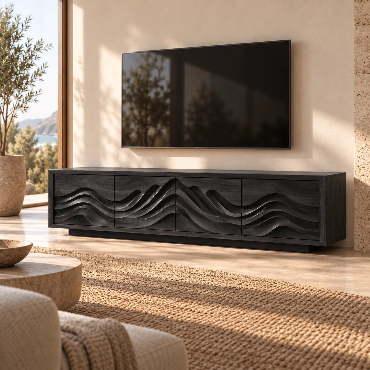 TV Stand with Sculptural Wave-Carved Doors in Natural Solid Wood. - Rustiracraft - 7