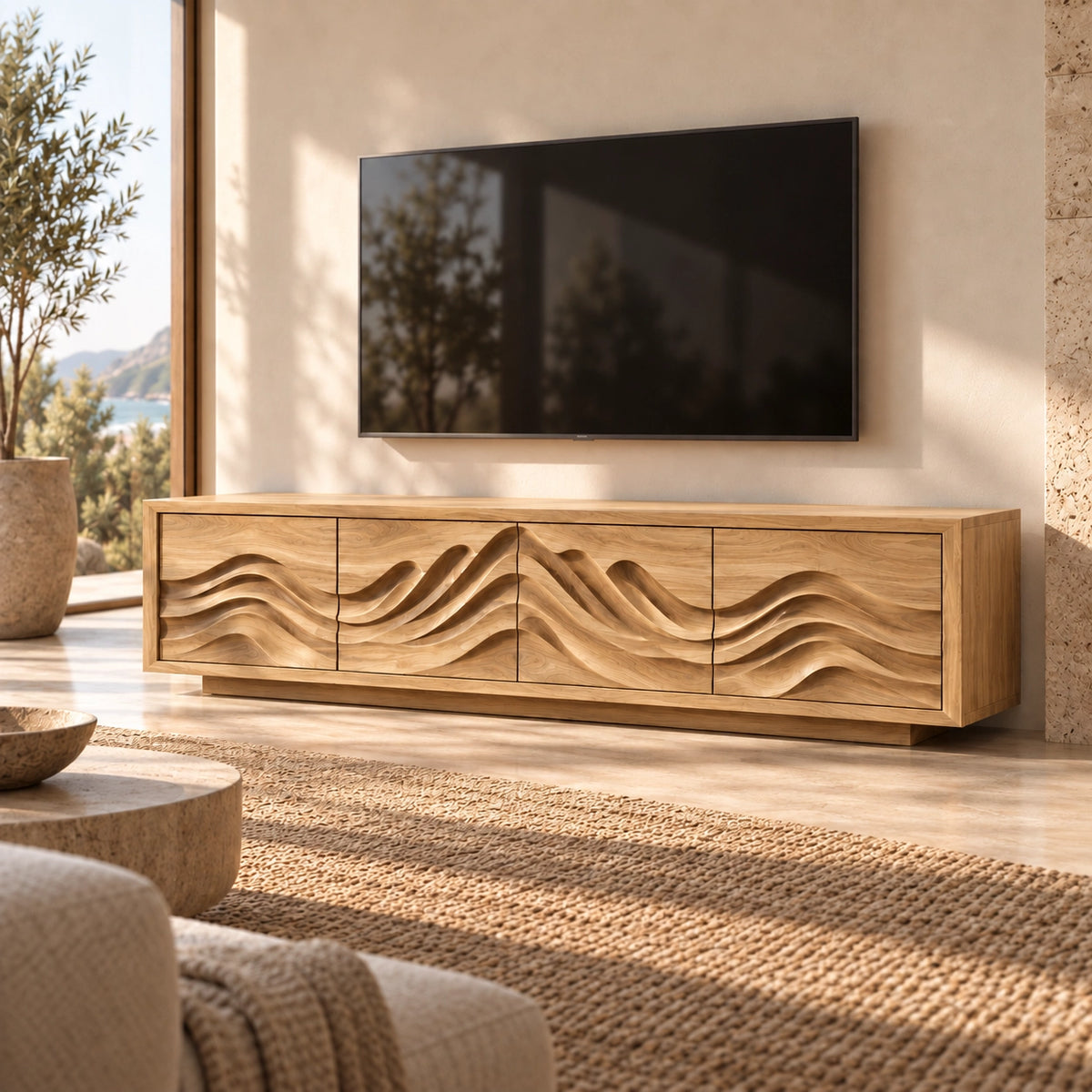 TV Stand with Sculptural Wave-Carved Doors in Natural Solid Wood. - Rustiracraft - 8