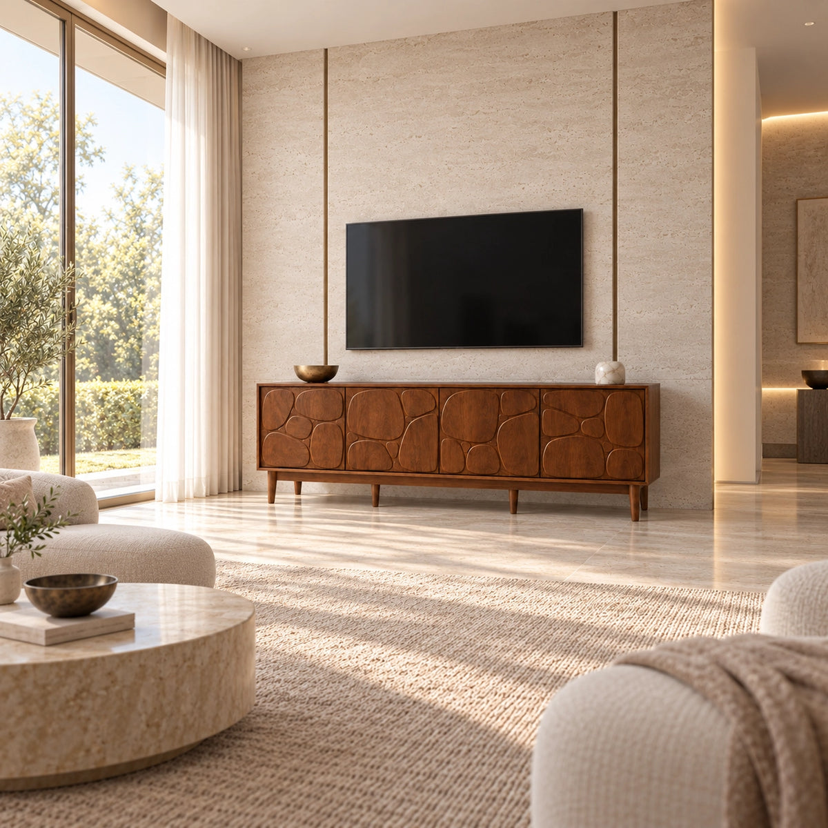 TV Stand with Stone-Carved Cabinet Doors in Natural Solid Wood for Living - Rustiracraft - 2
