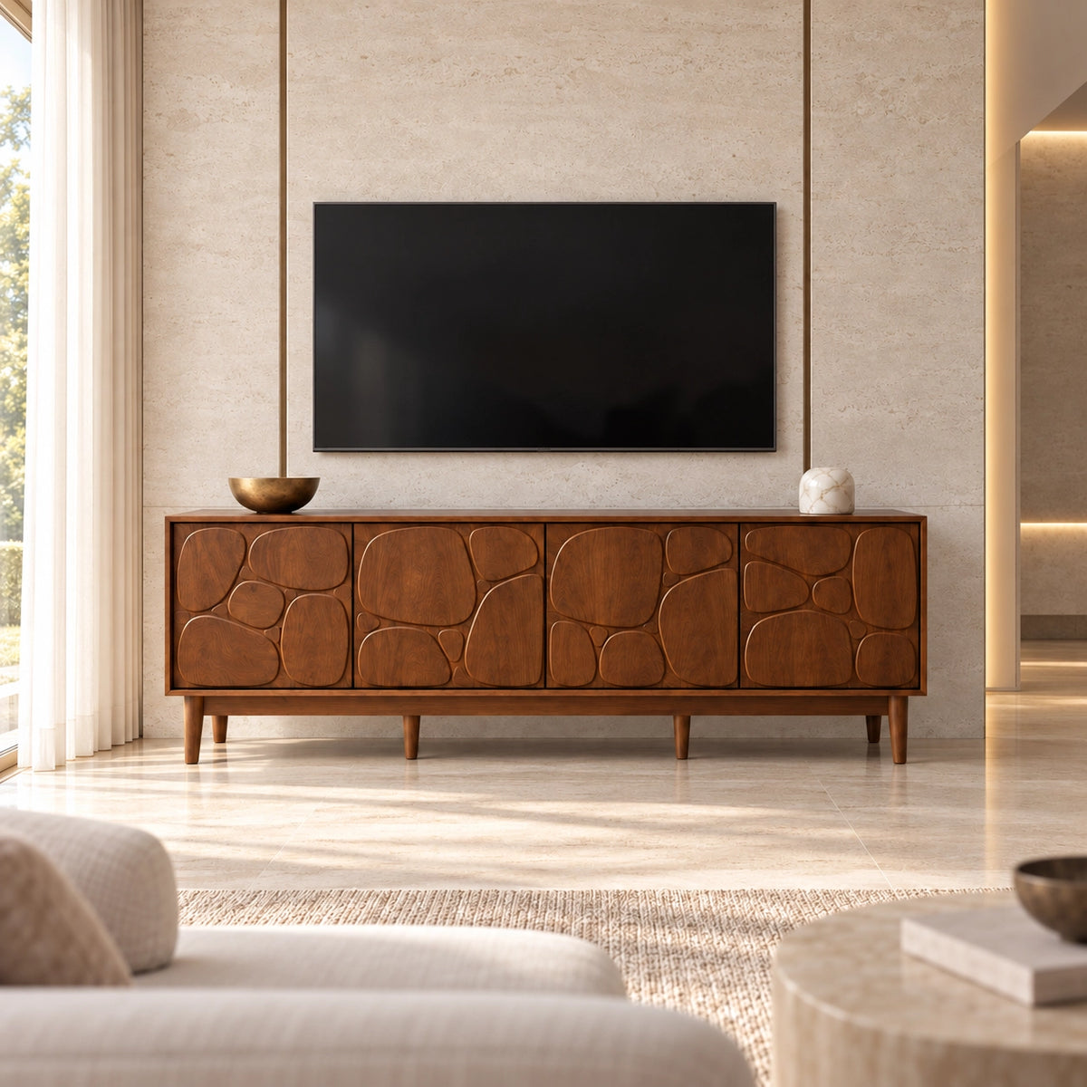TV Stand with Stone-Carved Cabinet Doors in Natural Solid Wood for Living - Rustiracraft - 3