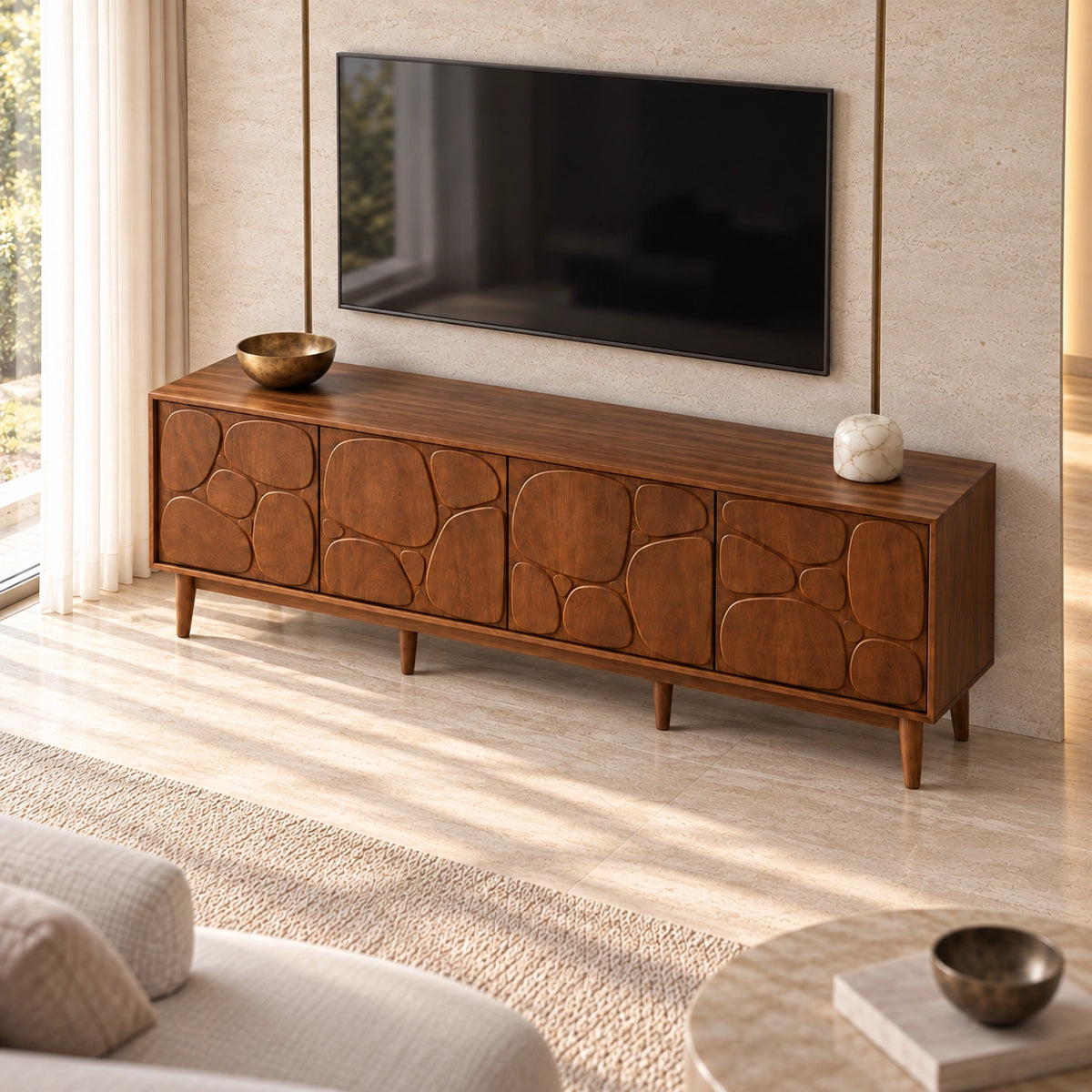 TV Stand with Stone-Carved Cabinet Doors in Natural Solid Wood for Living - Rustiracraft - 4