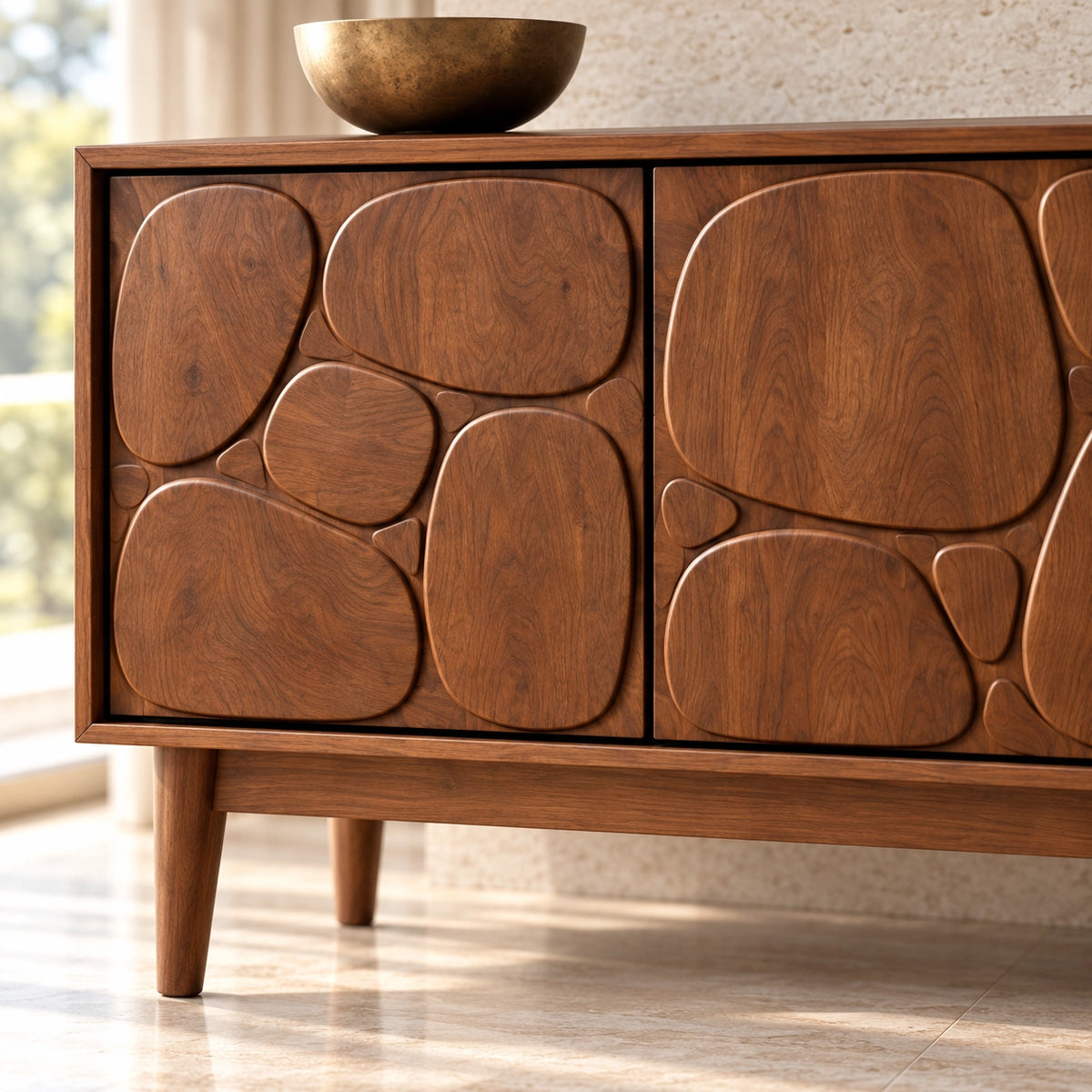 TV Stand with Stone-Carved Cabinet Doors in Natural Solid Wood for Living - Rustiracraft - 5