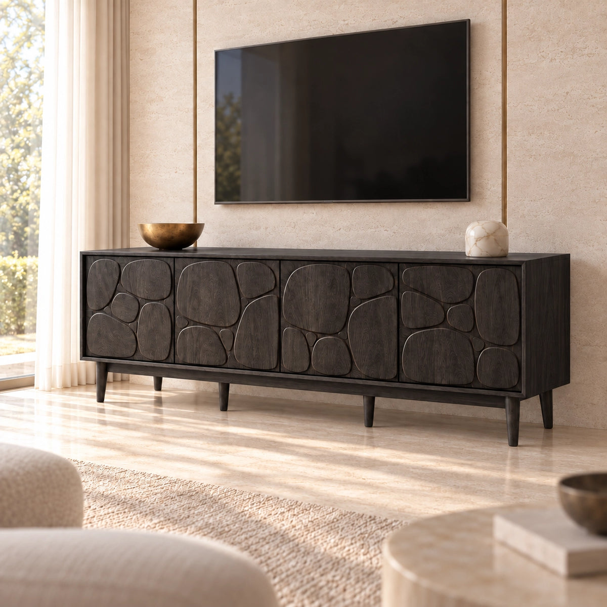 TV Stand with Stone-Carved Cabinet Doors in Natural Solid Wood for Living - Rustiracraft - 7