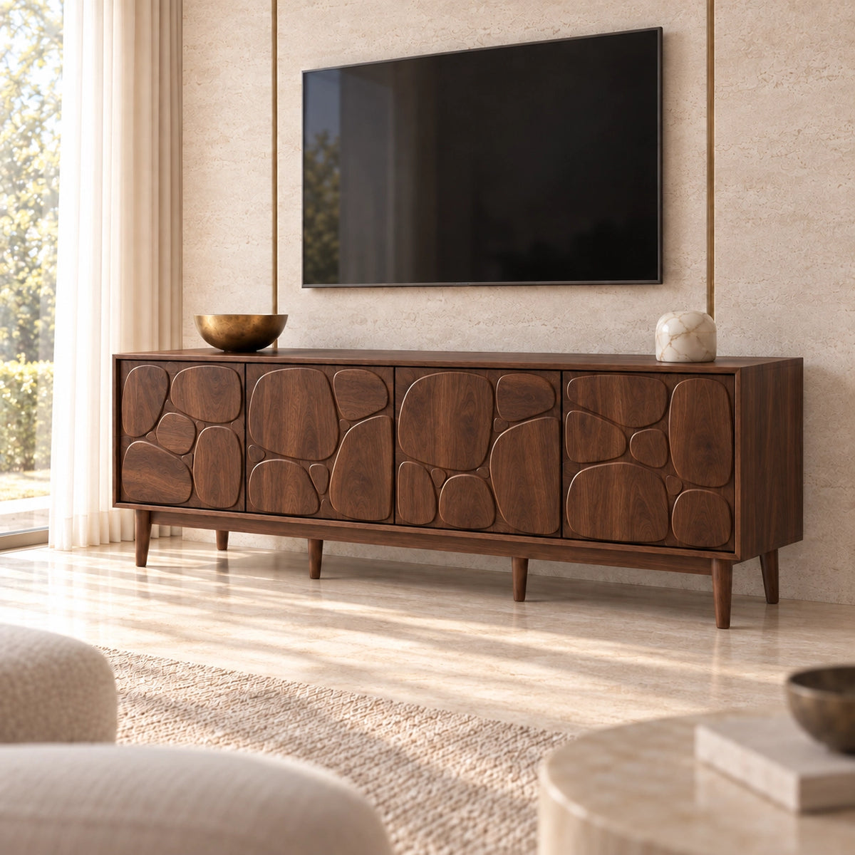 TV Stand with Stone-Carved Cabinet Doors in Natural Solid Wood for Living - Rustiracraft - 9