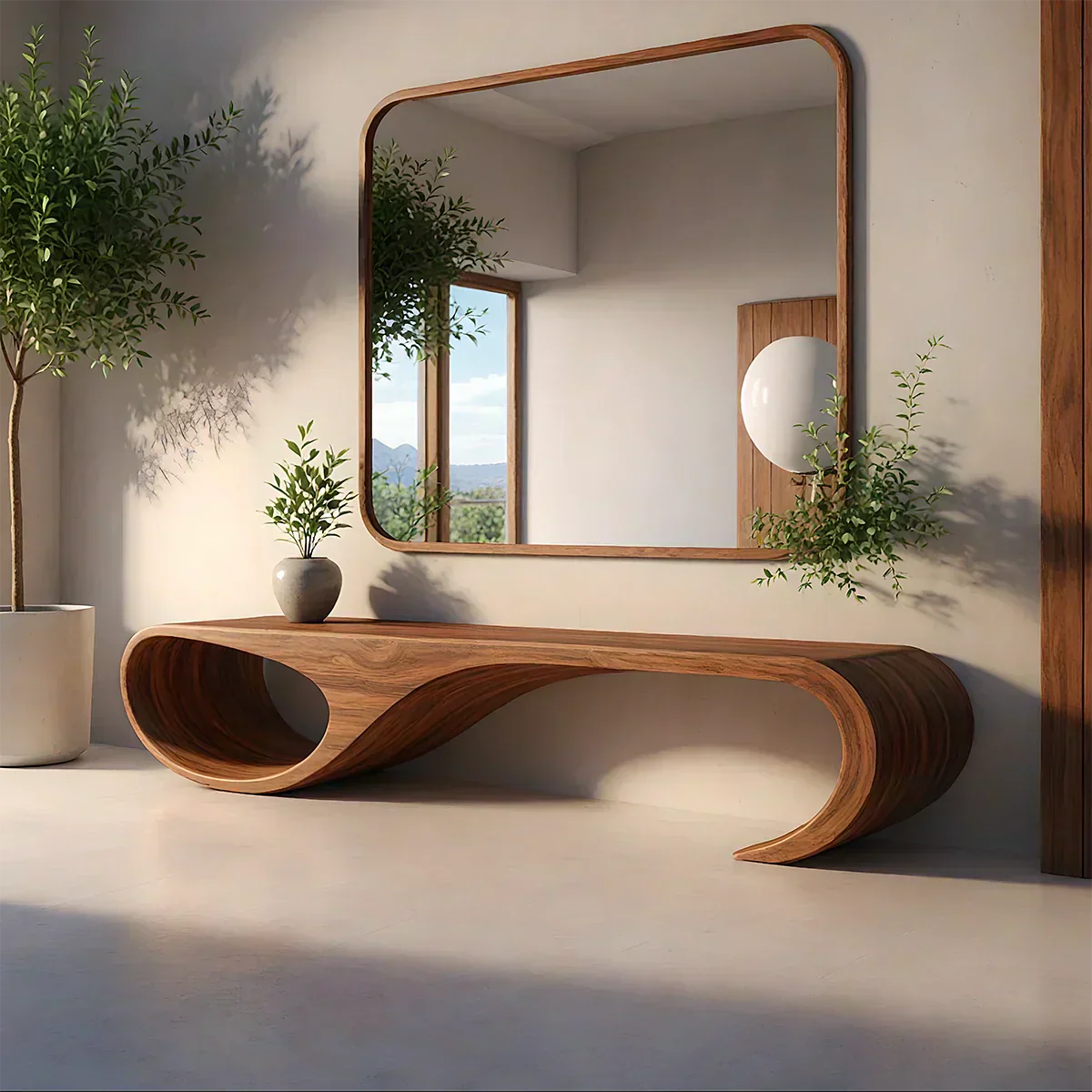 Waveform Sculpted Bench in Natural Solid Wood - RustiraCraft