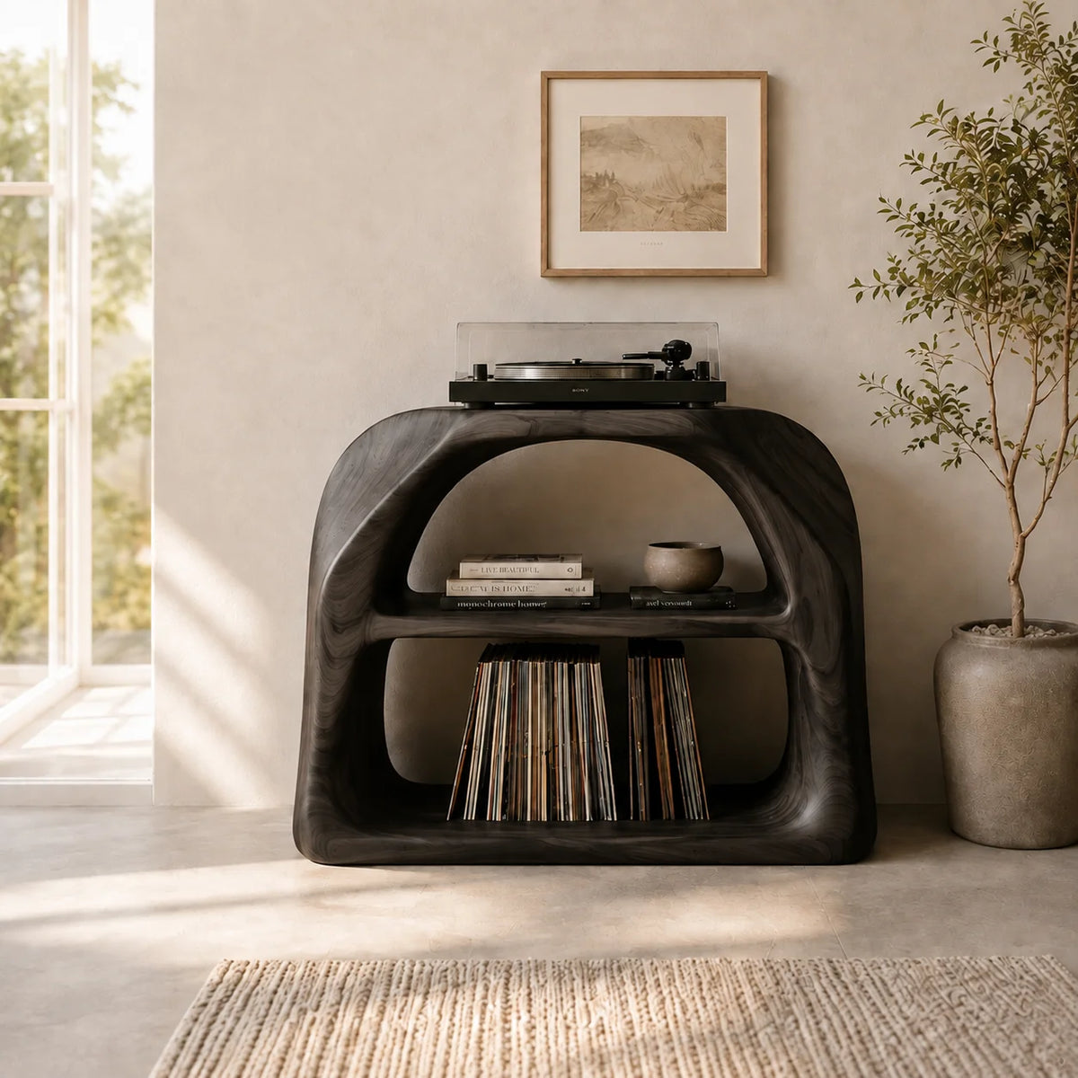 Record Player Stand with Arched Vinyl Storage in Natural Solid Wood