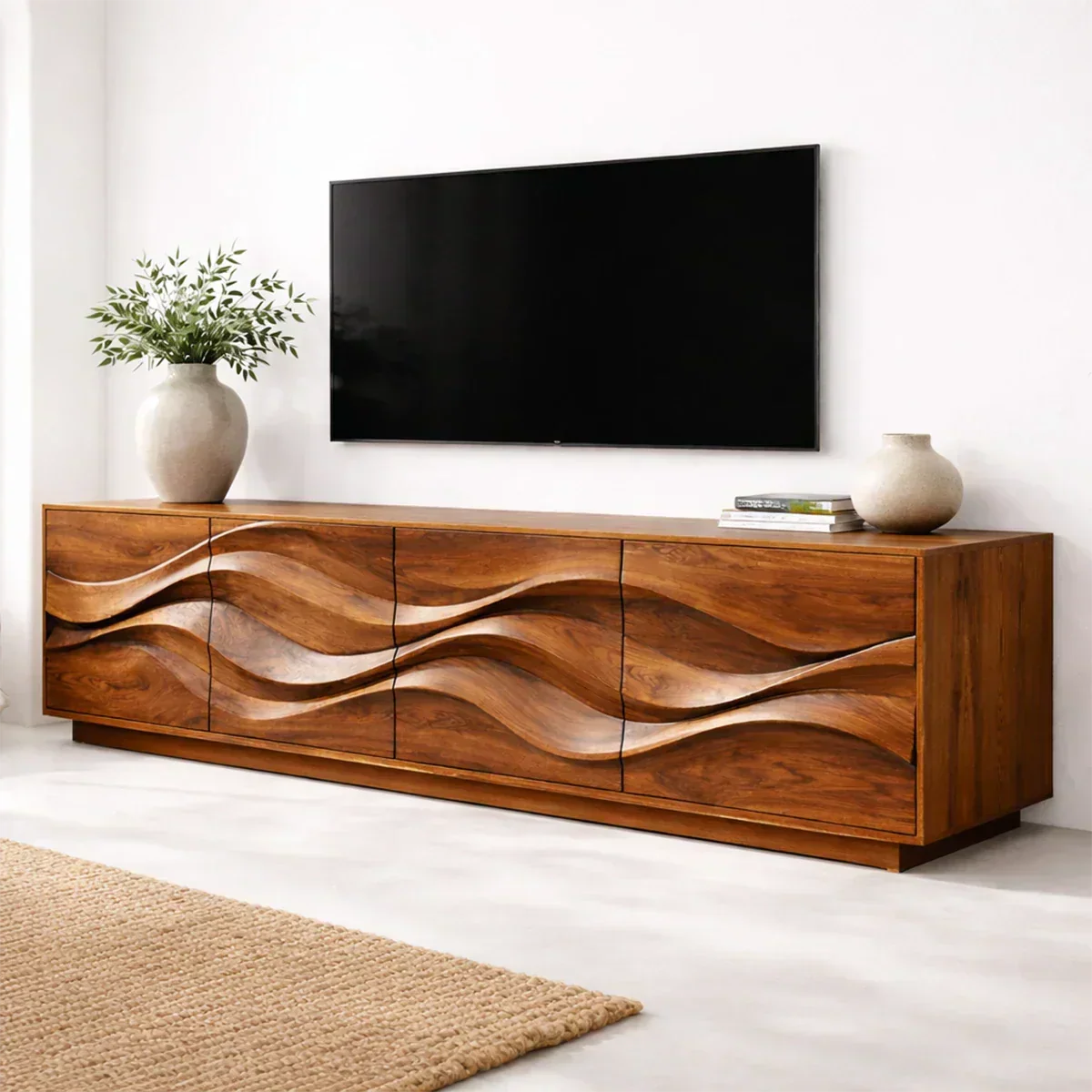 Sculptural Wave Front Solid Wood TV Stand with Storage Cabinets