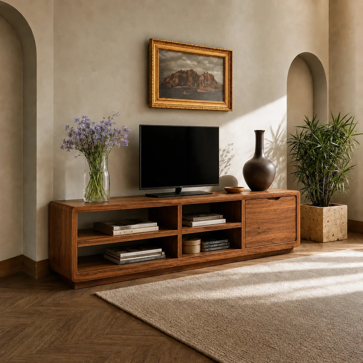 TV Stand with Open Storage and Sliding Cabinet Door in Natural Solid Wood