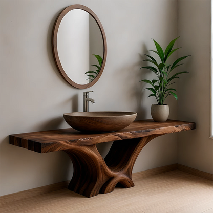 Twin Arch Live Edge Solid Wood Vanity – Japandi Organic Console