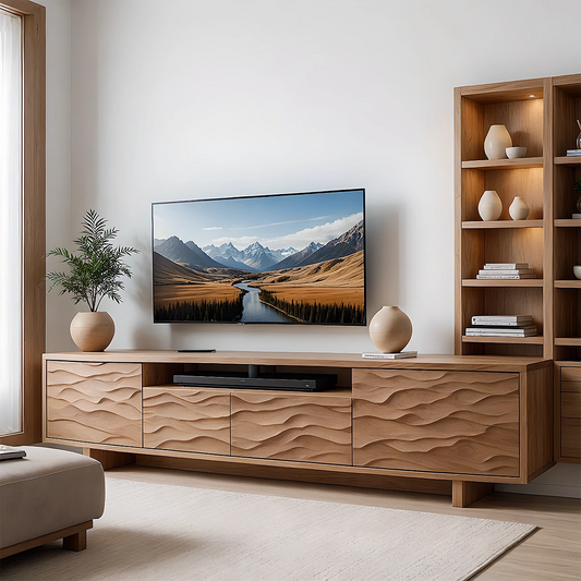 Wave Pattern Solid Wood TV Stand – Handcrafted Organic Modern Console