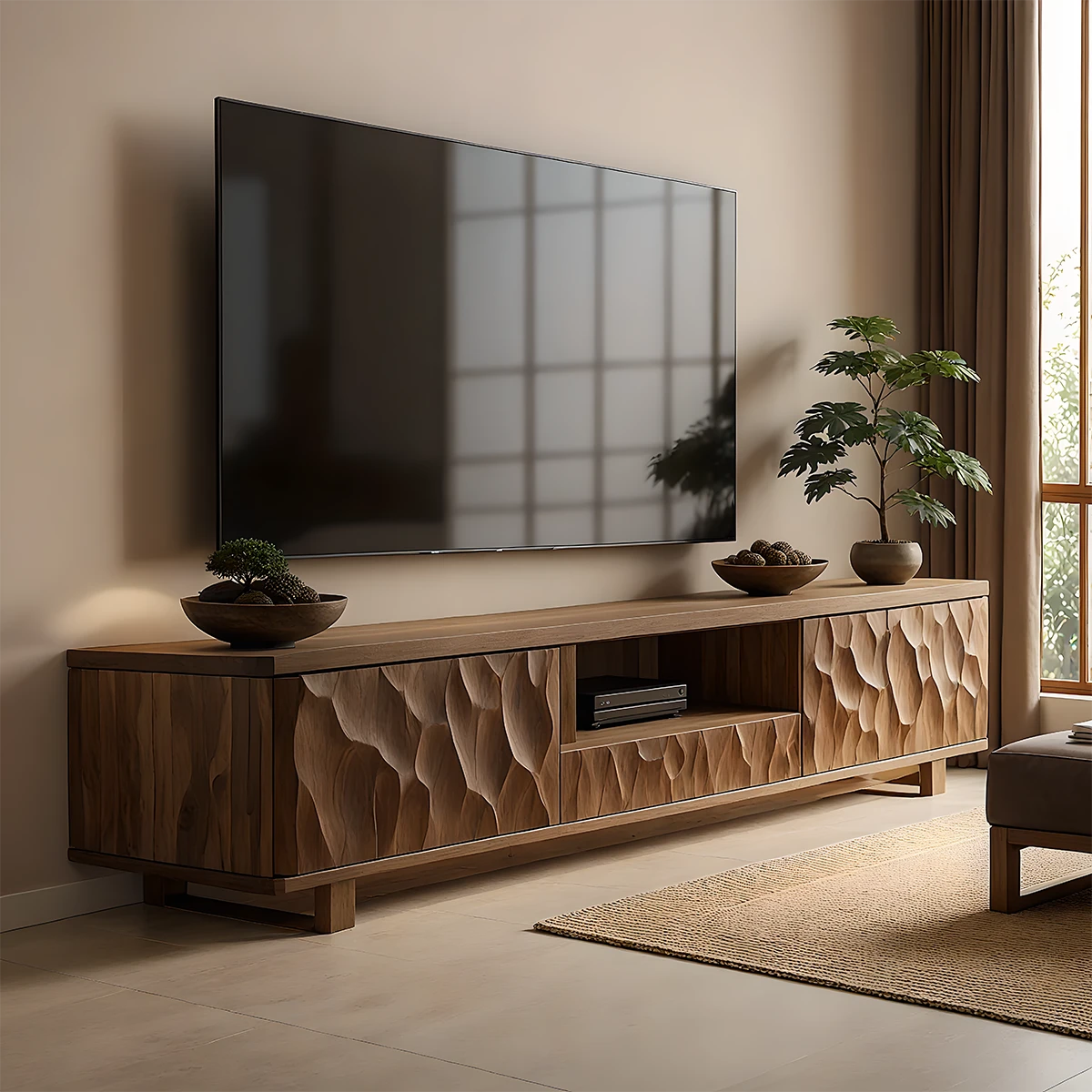 Carved Solid Wood TV Stand – Japandi Organic Sculptural Console