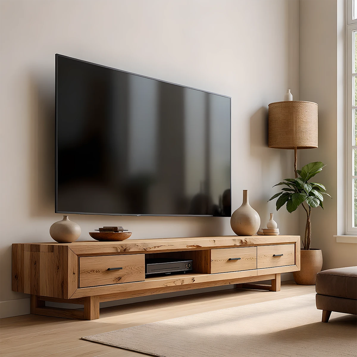 Rustic Beam Solid Wood TV Stand – Handcrafted Japandi Console