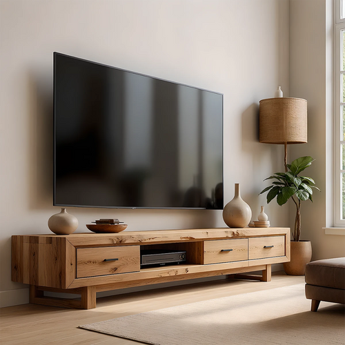 Rustic Beam Solid Wood TV Stand – Handcrafted Japandi Console