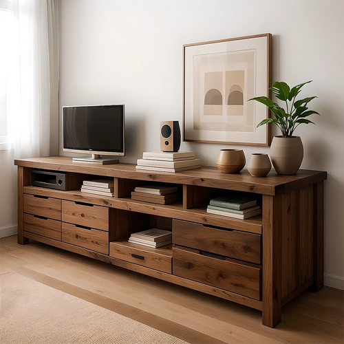 Rustic Solid Wood TV Stand – Japandi Farmhouse Console