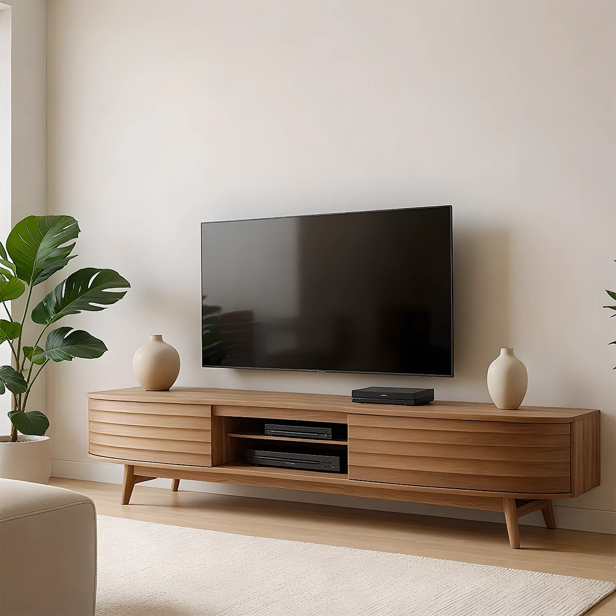 Fluted Solid Wood TV Stand – Scandinavian Japandi Console