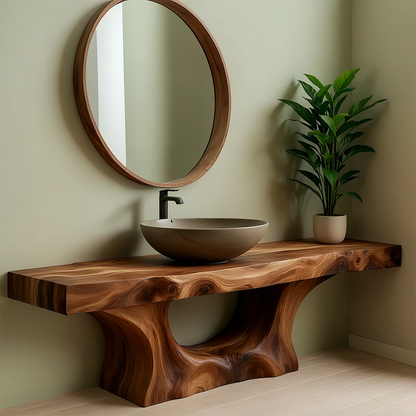 Sculptural Live Edge Solid Wood Vanity – Organic Japandi Bathroom Console