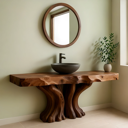 Sculpted Root Solid Wood Vanity – Handcrafted Wabi Sabi Bathroom Console