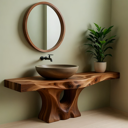 Floating Live Edge Solid Wood Vanity – Handcarved Japandi Console
