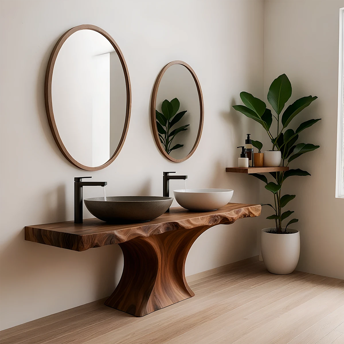 Double Basin Live Edge Solid Wood Vanity – Handcrafted Japandi Elegance