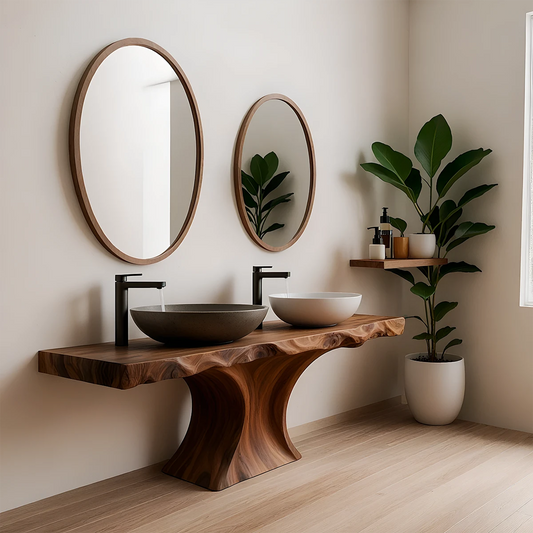 Double Basin Live Edge Solid Wood Vanity – Handcrafted Japandi Elegance