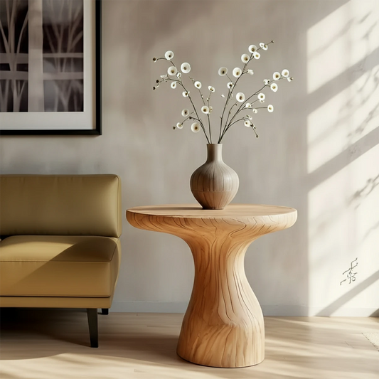 Handcrafted Solid Wood Sculptural Side Table with Pedestal Form