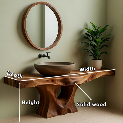 Floating Live Edge Solid Wood Vanity – Handcarved Japandi Console