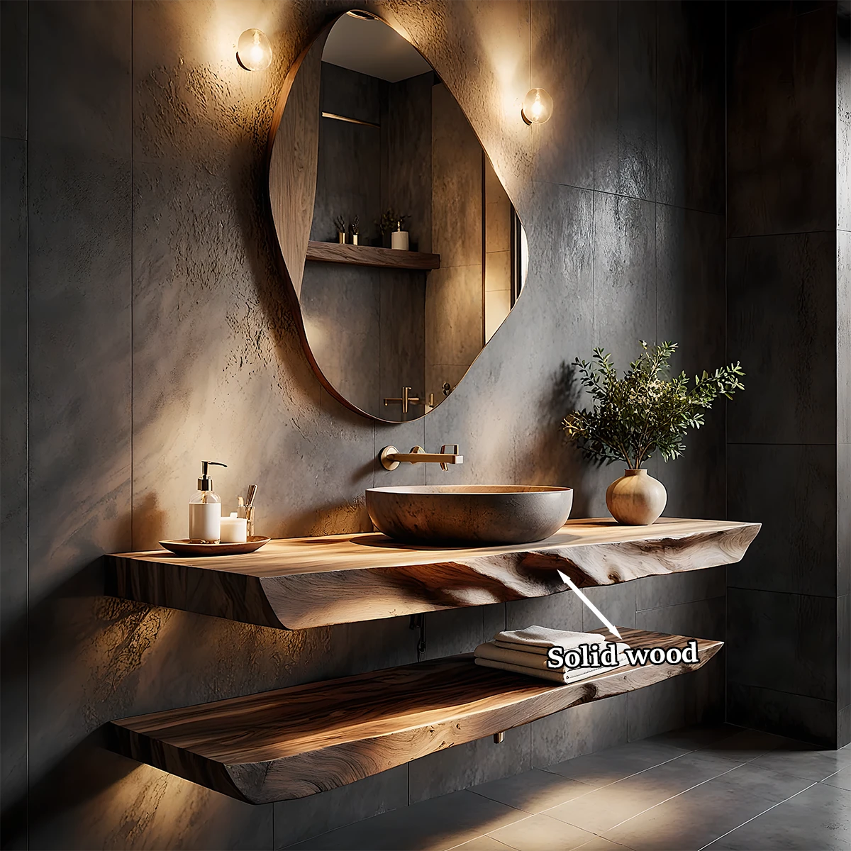 Handcrafted Solid Wood Floating Bathroom Vanity Shelf with Live Edge