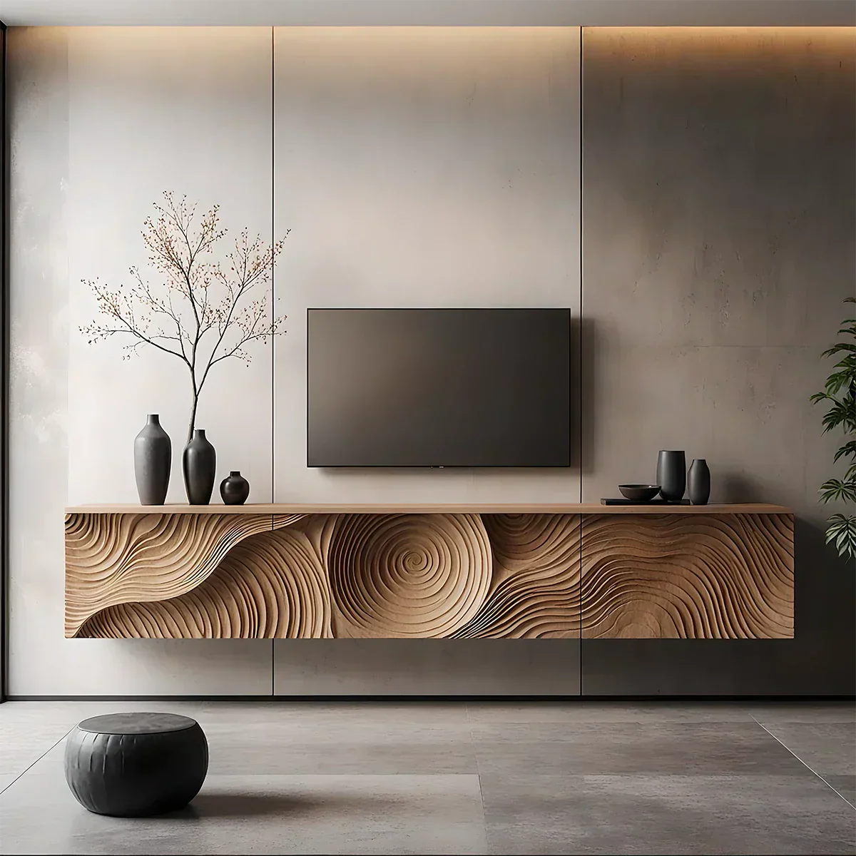 Art-Carved Solid Wood Floating TV Console – Modern Wave Texture Design - Rustiracraft 