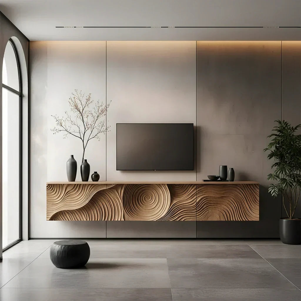 Art-Carved Solid Wood Floating TV Console – Modern Wave Texture Design - Rustiracraft 