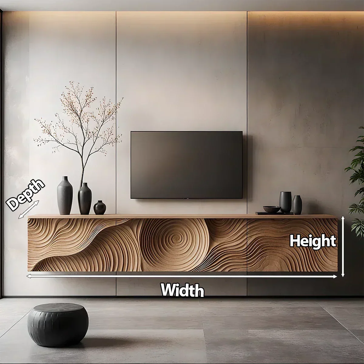 Art-Carved Solid Wood Floating TV Console – Modern Wave Texture Design - Rustiracraft 