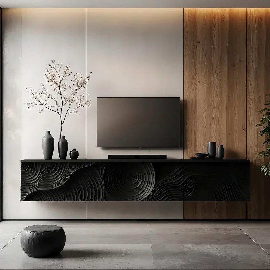 Art-Carved Solid Wood Floating TV Console – Modern Wave Texture Design - Rustiracraft 
