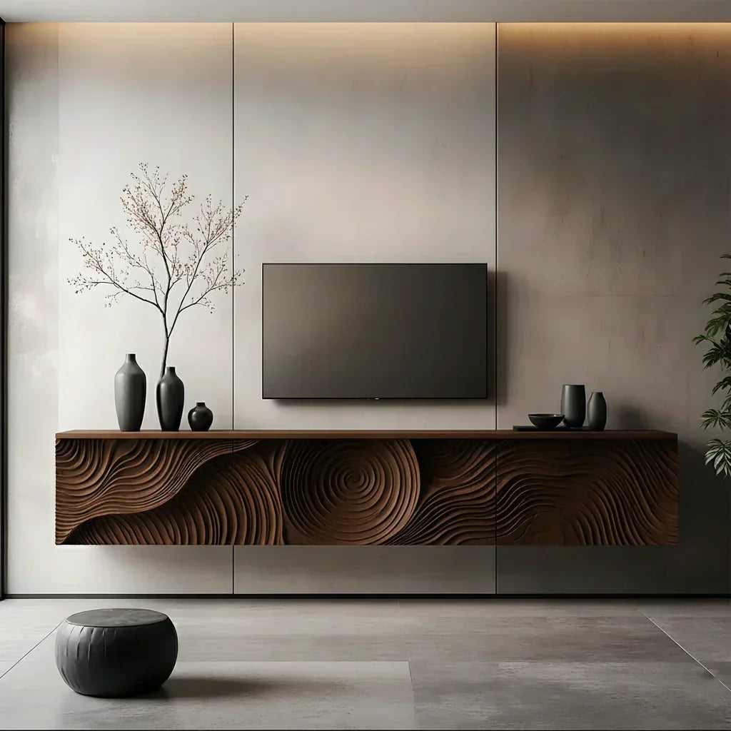 Art-Carved Solid Wood Floating TV Console – Modern Wave Texture Design - Rustiracraft 