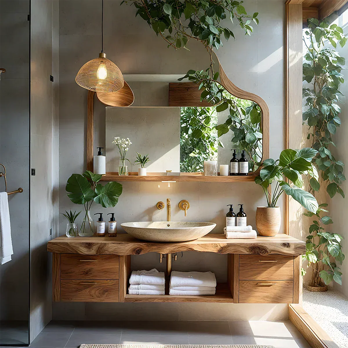Artistic Live Edge Floating Vanity – Organic Japandi Spa Bathroom Console - Rustiracraft 