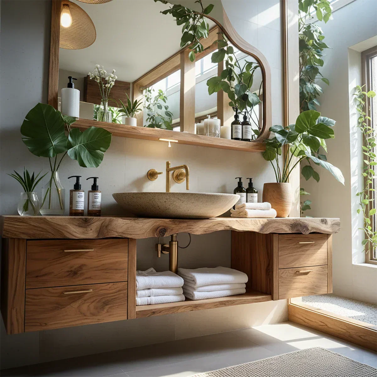 Artistic Live Edge Floating Vanity – Organic Japandi Spa Bathroom Console - Rustiracraft 