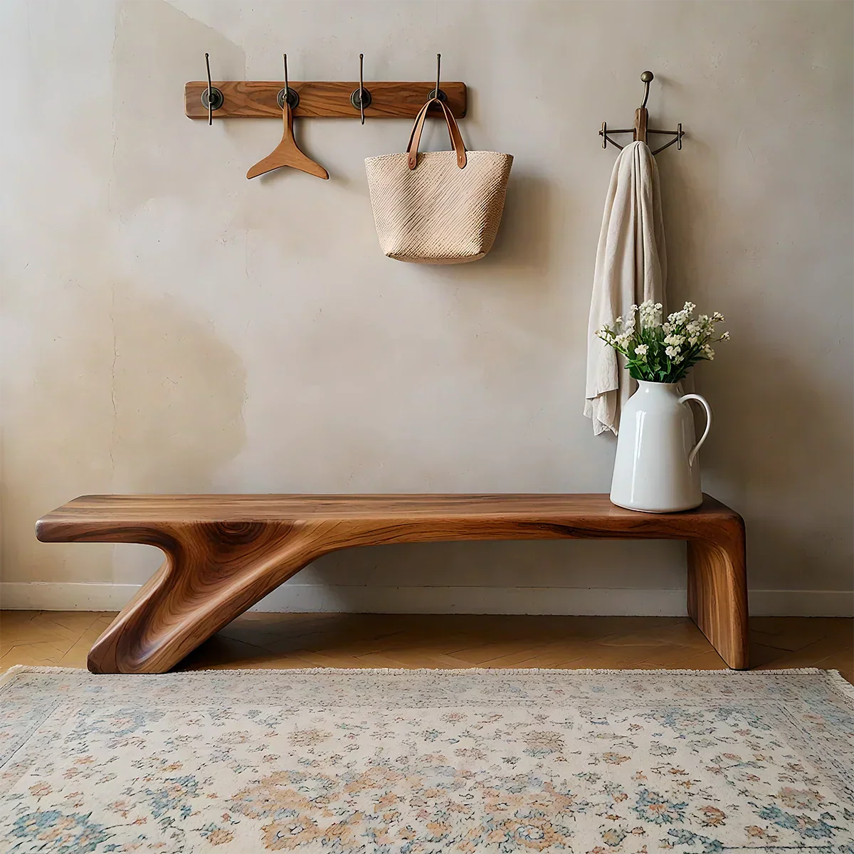 Asymmetric Sculpted Solid Wood Bench – Minimal Flowing Form - Rustiracraft