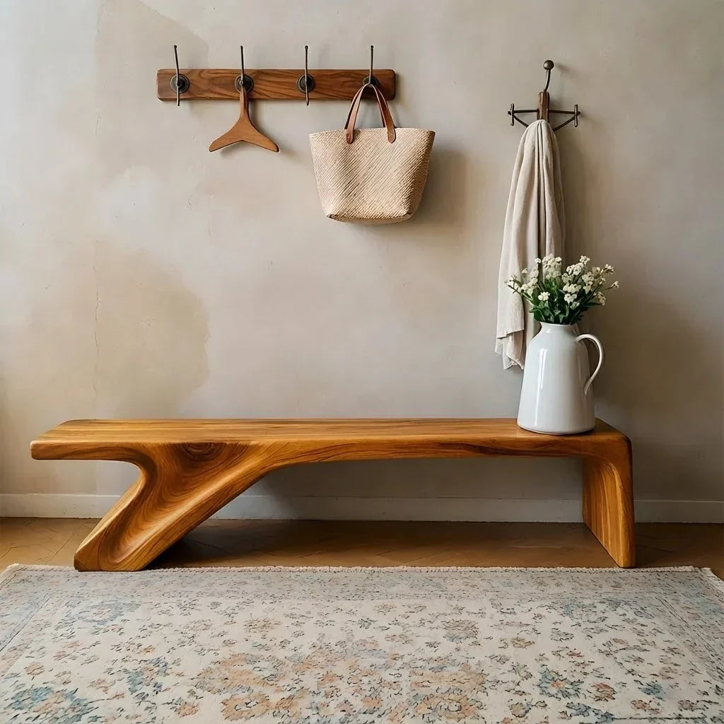 Asymmetric Sculpted Solid Wood Bench – Minimal Flowing Form - Rustiracraft