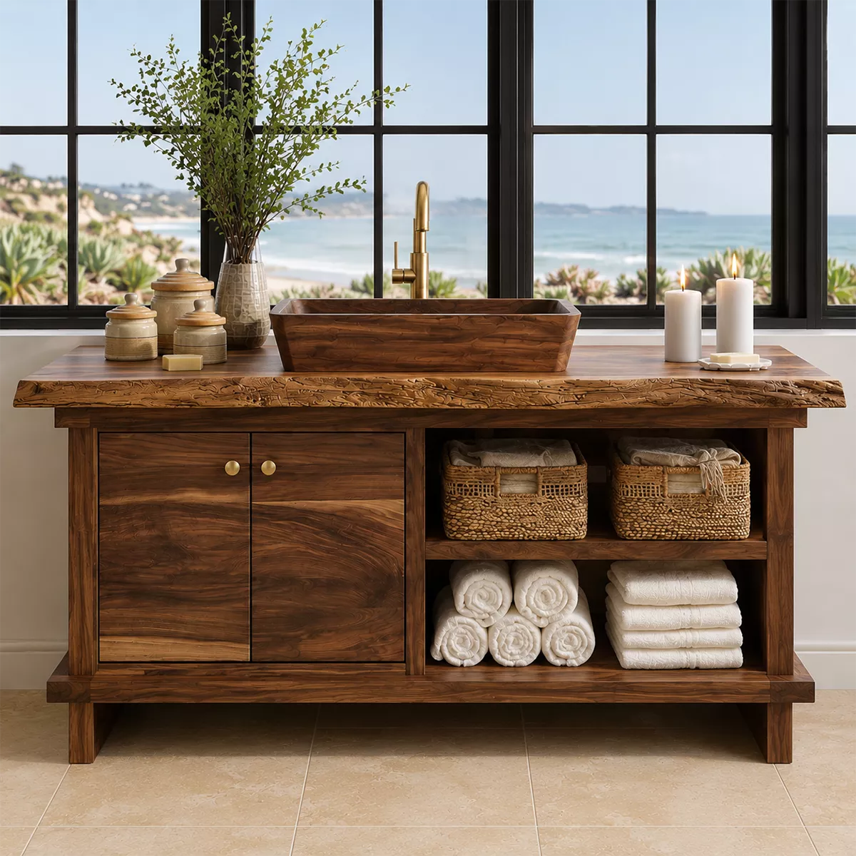 Bathroom Vanity with Two Cabinet Doors and Open Towel Storage Shelves - Rustiracraft