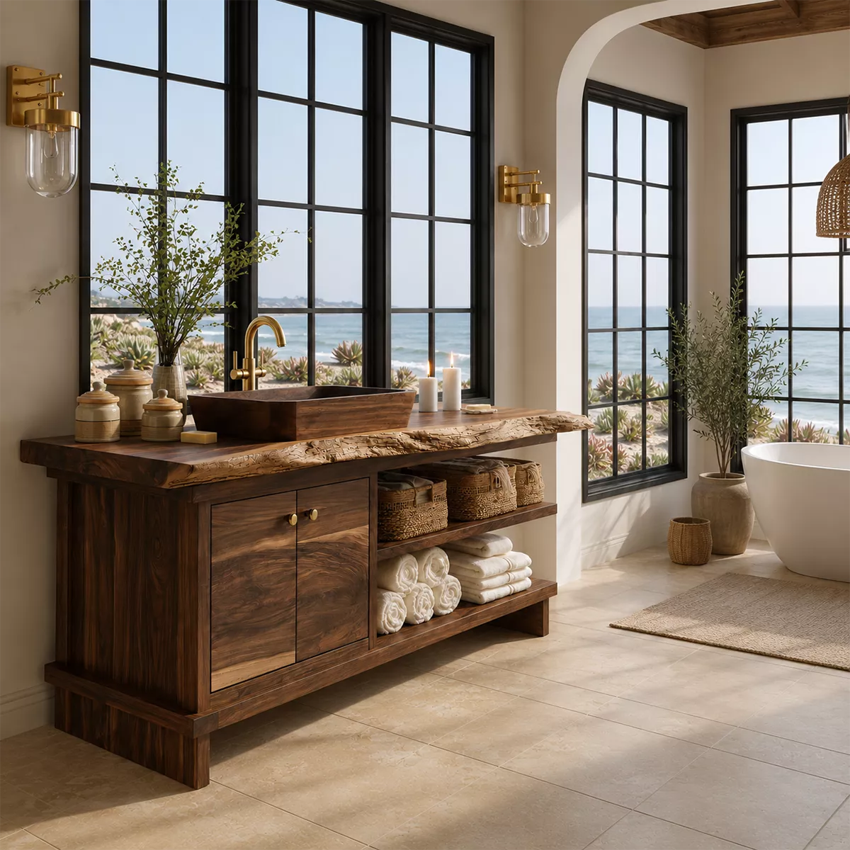 Bathroom Vanity with Two Cabinet Doors and Open Towel Storage Shelves - Rustiracraft